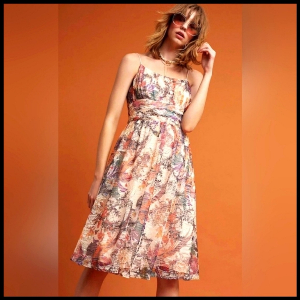 Anthro Maeve Floral Dress Spaghetti Strap Fit & Flare Midi Wedding Guest Garden
